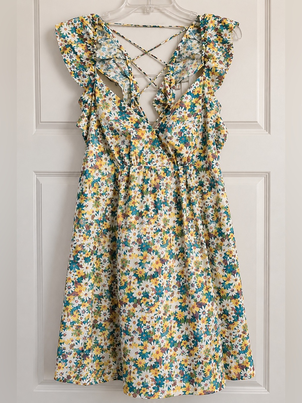 Green Daisy Print Sundress Ruffle Straps Babydoll Dress Retro Summer NWT L #2341